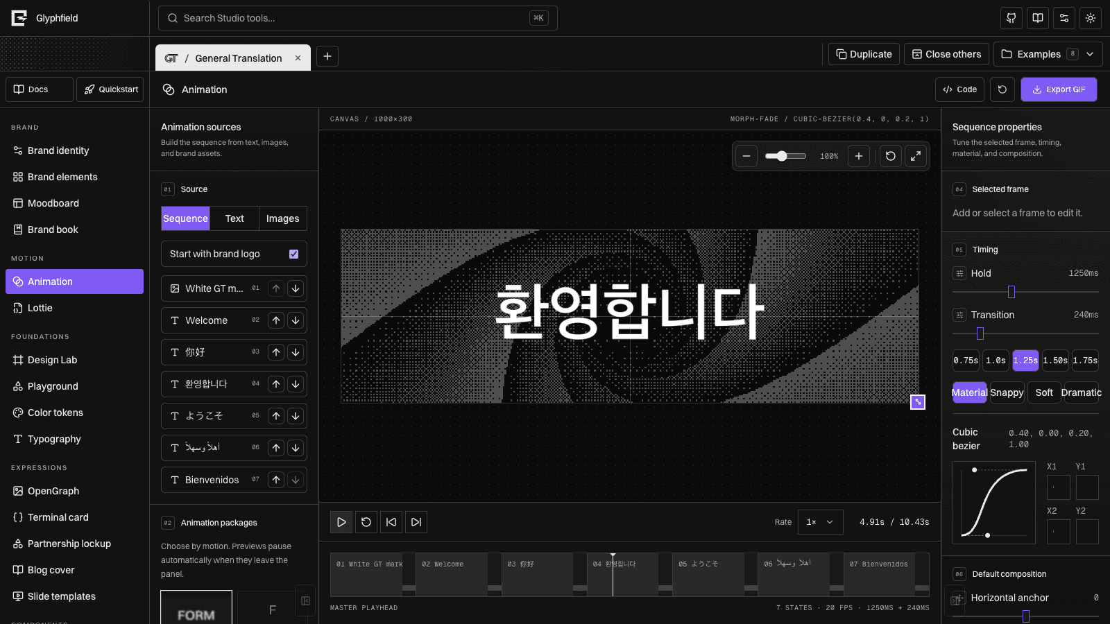 Glyphfield Animation editor with multilingual sequence states, canvas, timeline, and frame inspector