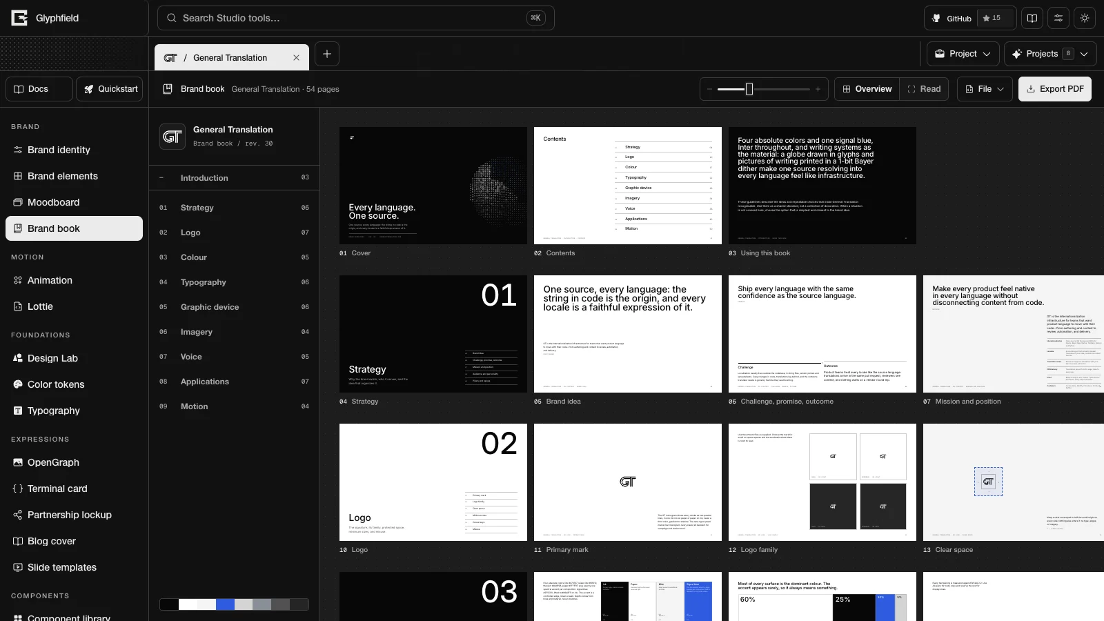 Glyphfield Brand Book overview showing a multi-page General Translation identity system