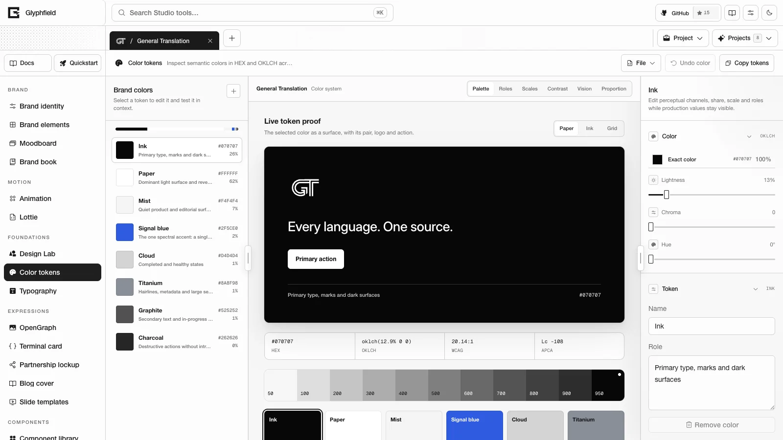 General Translation color tokens with the palette, the live token proof and the inspector