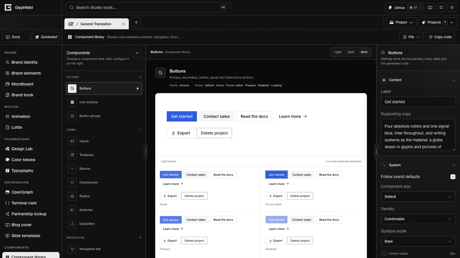 General Translation component library in dark Studio chrome