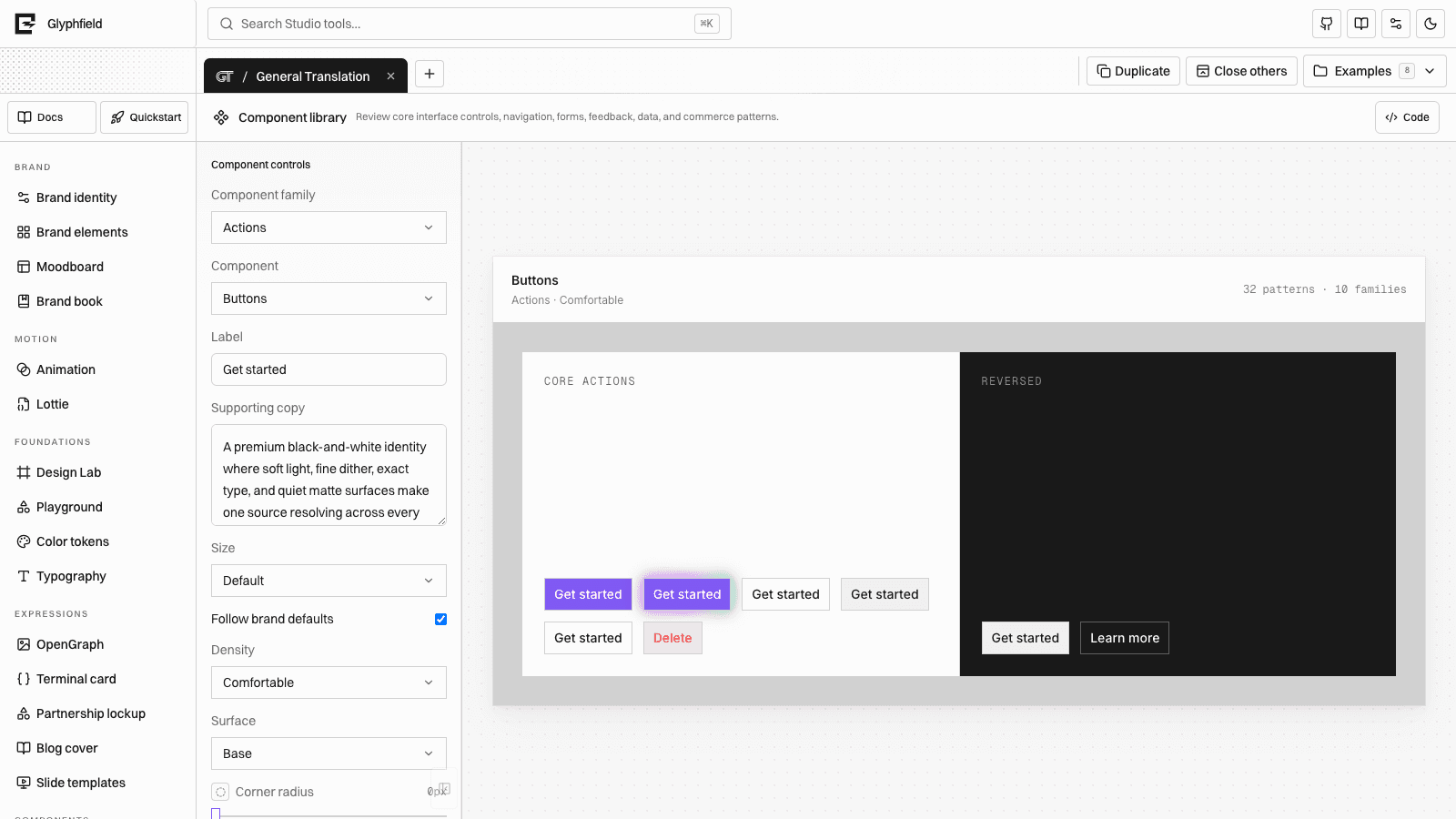 Glyphfield Components workspace showing reusable brand-aware component output