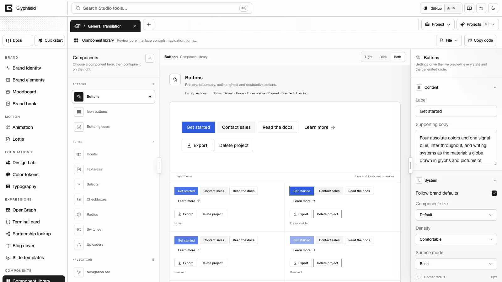 General Translation component library in light Studio chrome