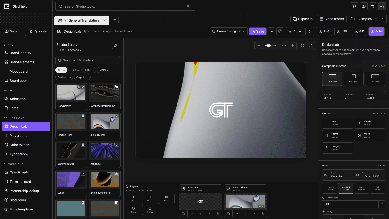 Glyphfield Design Lab with a brand mark over a live material