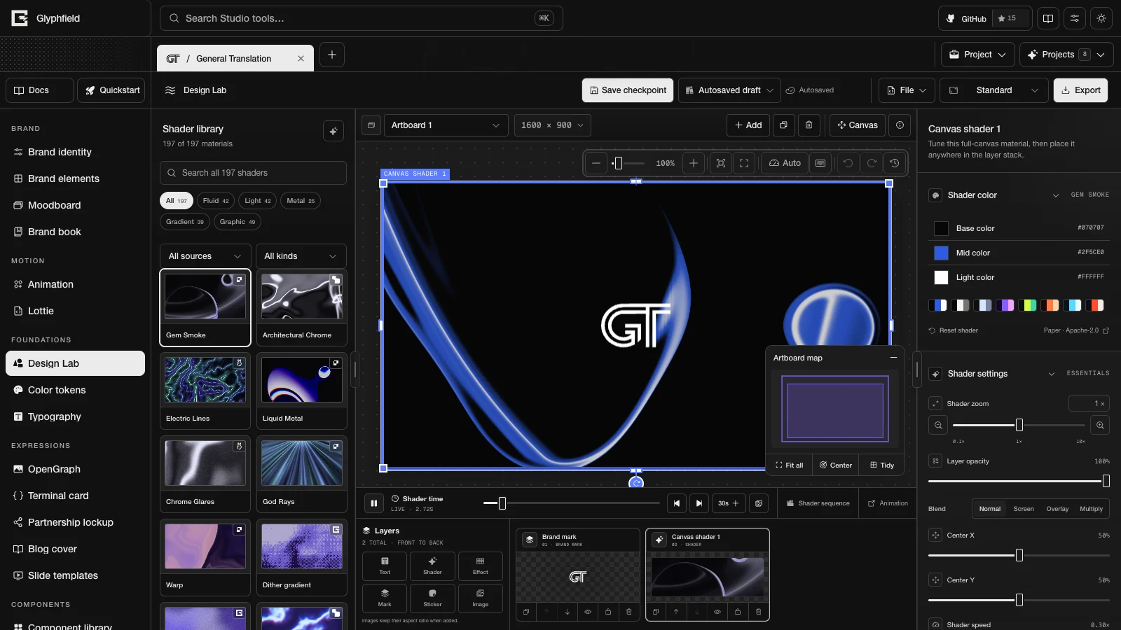 Glyphfield Design Lab with live shader, canvas, layers, and output inspector visible