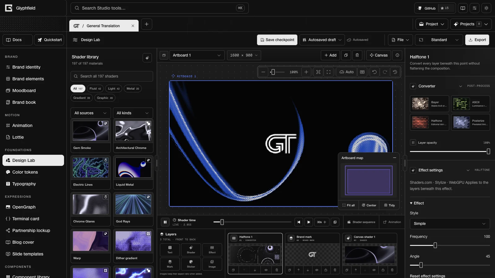 Design Lab with an Engraving image effect over a shader and the General Translation mark, and the image effect picker open in the inspector