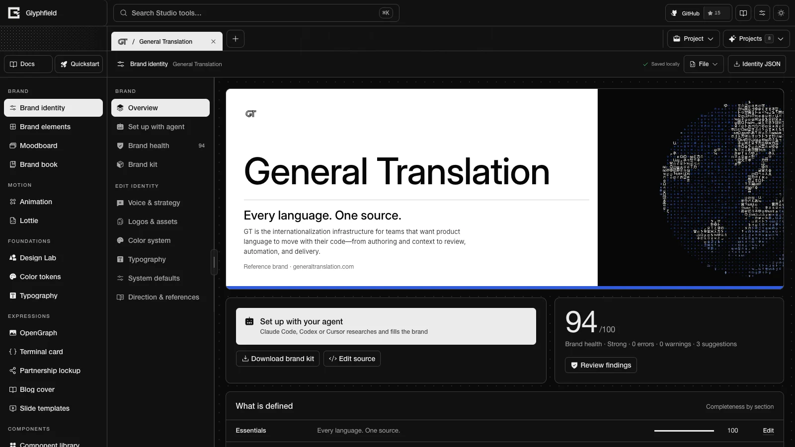 Brand identity tool with the brand cover and health summary