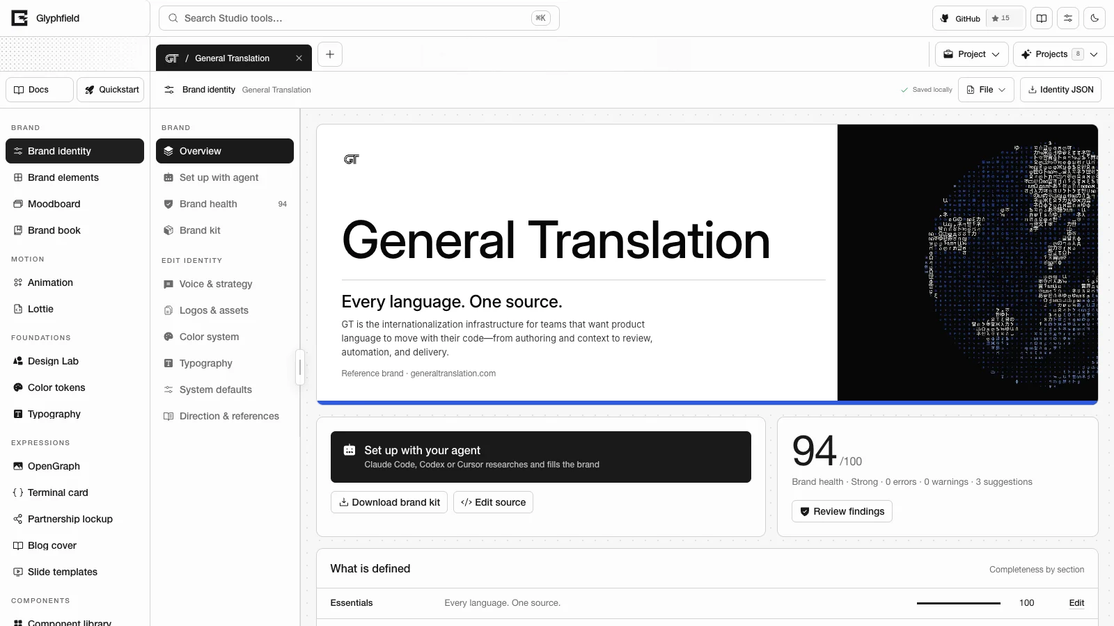 Brand identity tool showing the brand cover, health score and quick actions