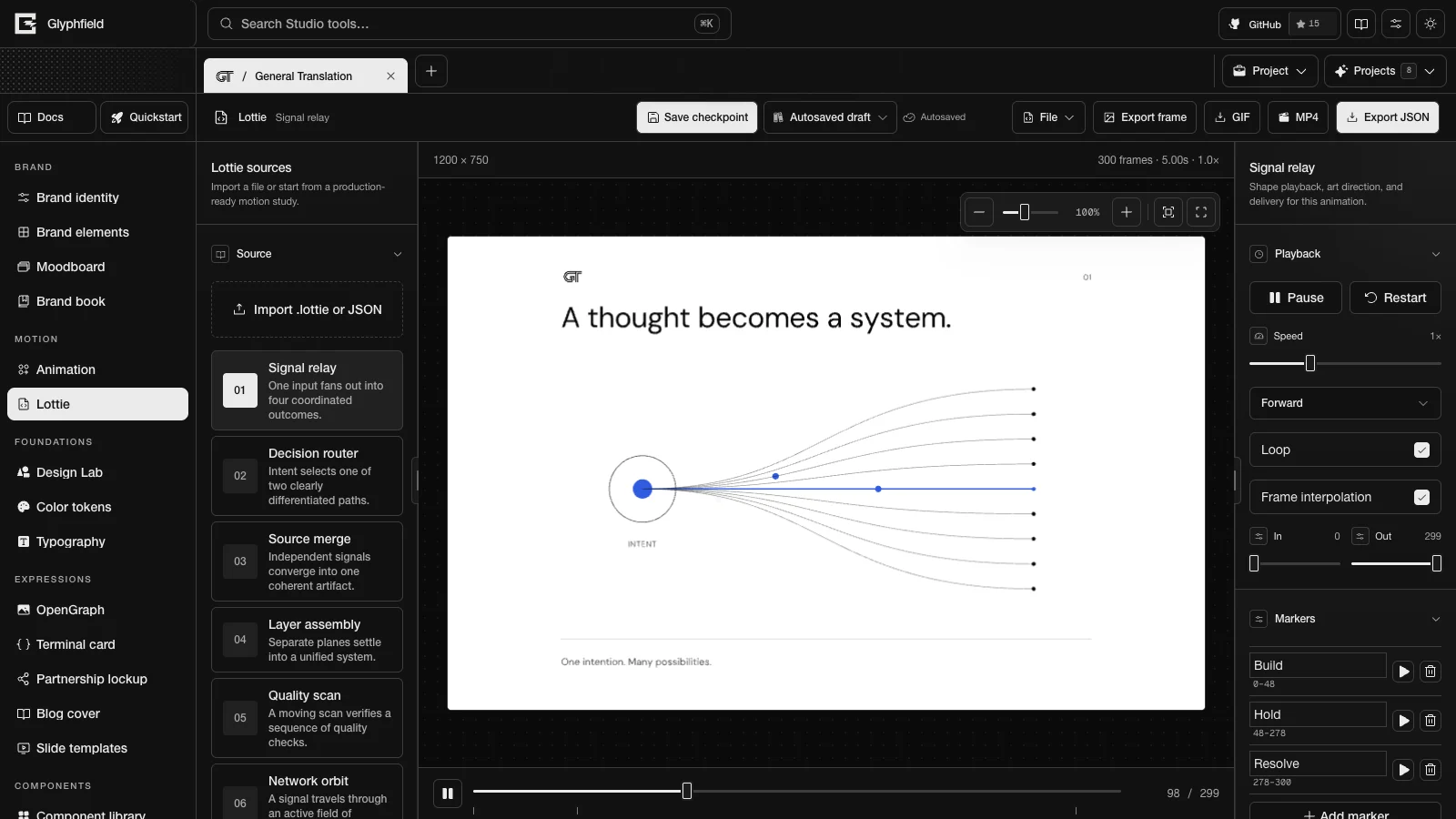 Lottie editor with the Signal relay study, playback controls, and markers
