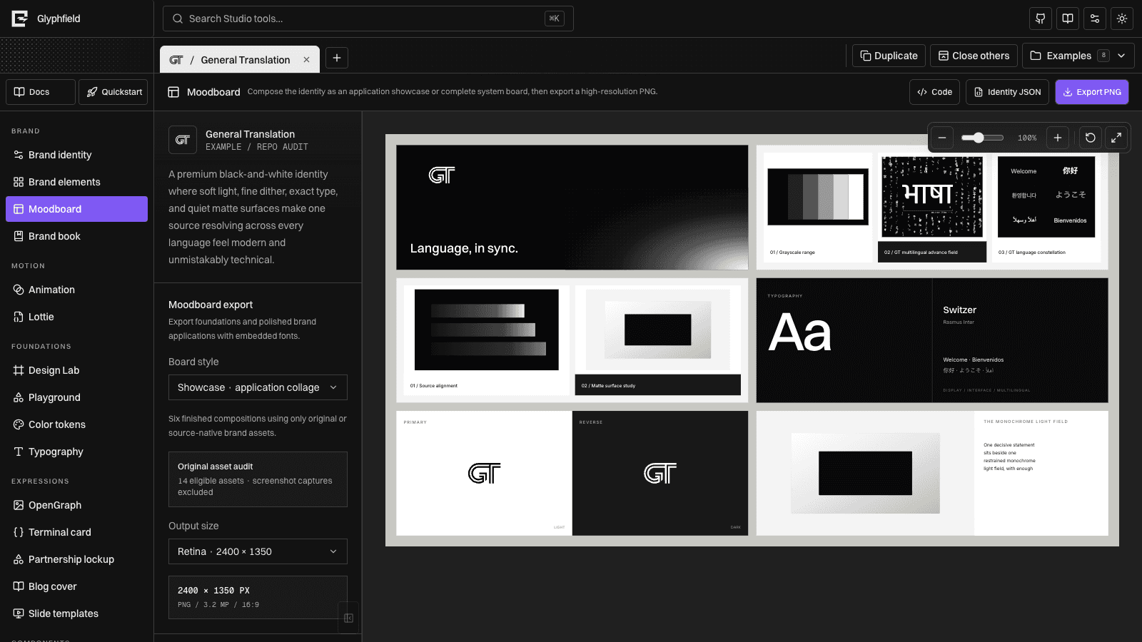 General Translation moodboard in Glyphfield Studio dark mode