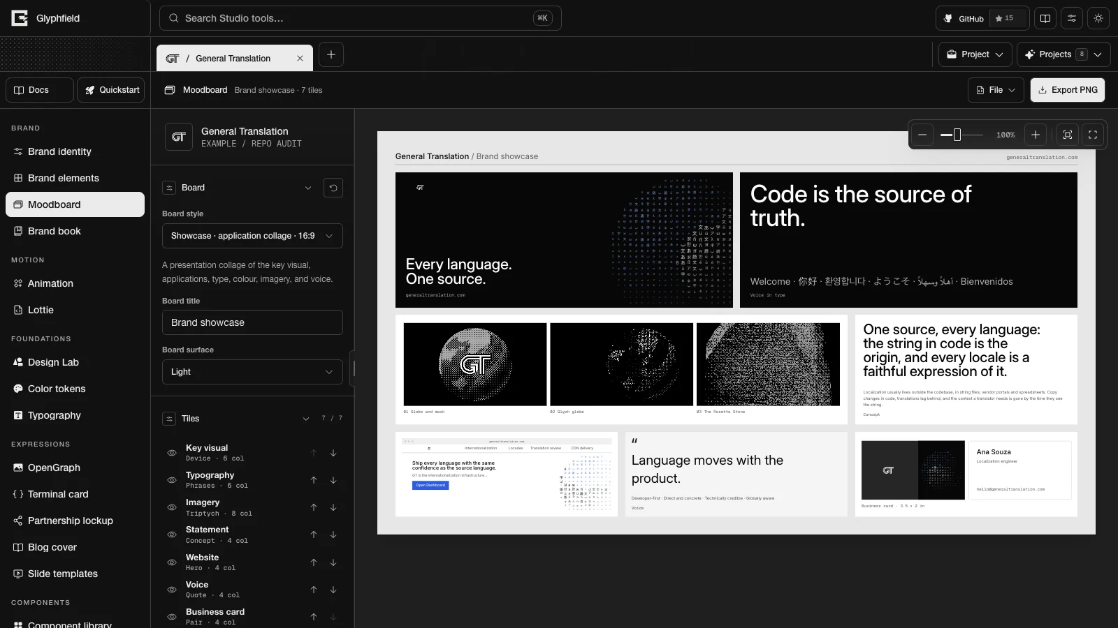 General Translation moodboard in Glyphfield Studio dark mode