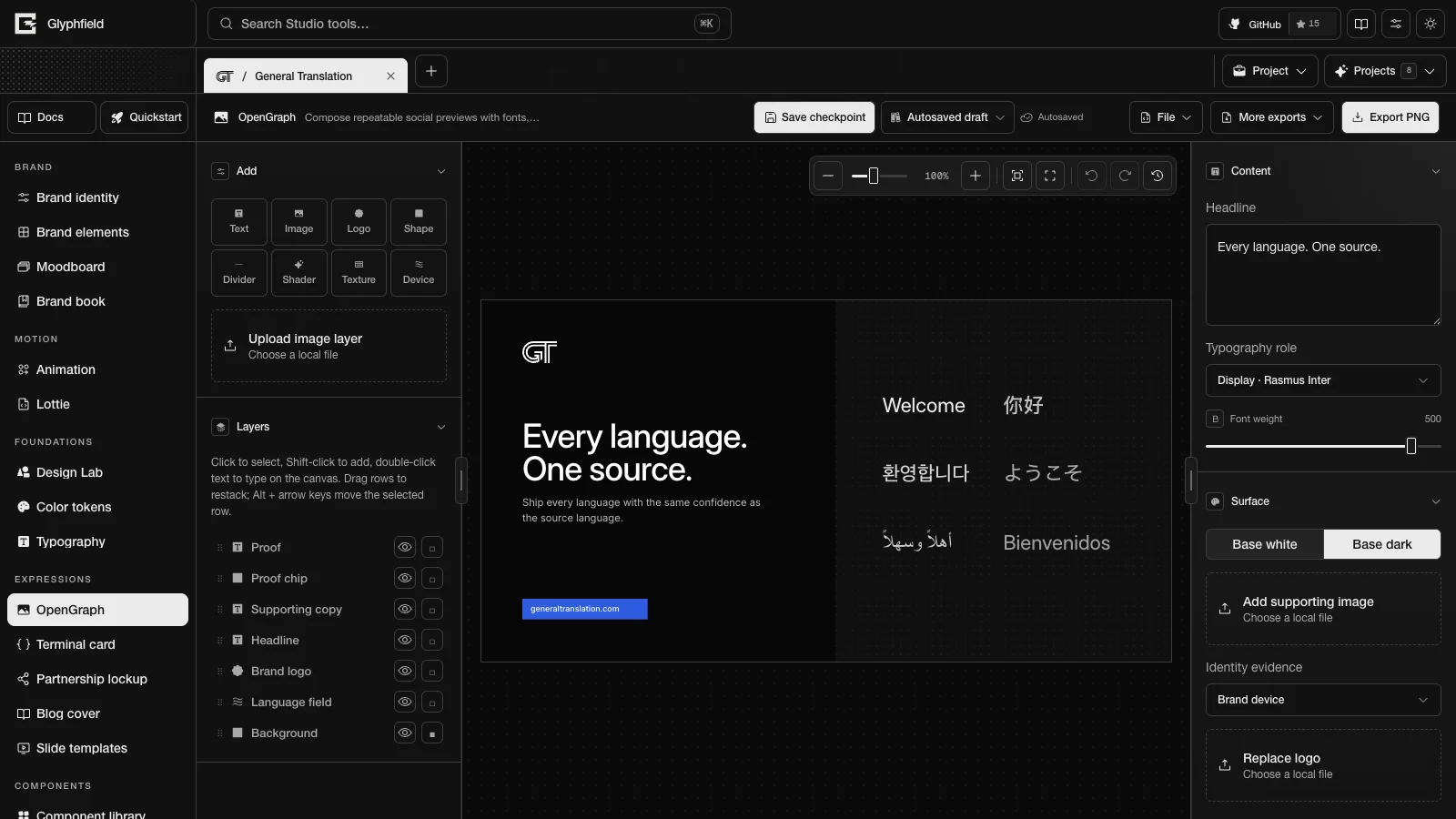 General Translation OpenGraph card in the expression editor, dark Studio chrome