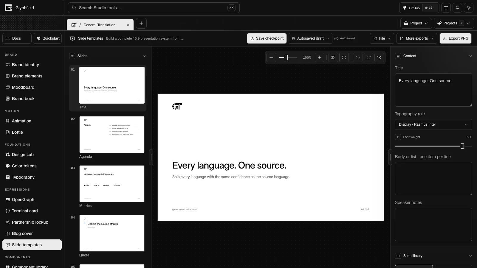 General Translation title slide in the slide editor with the deck list and content inspector