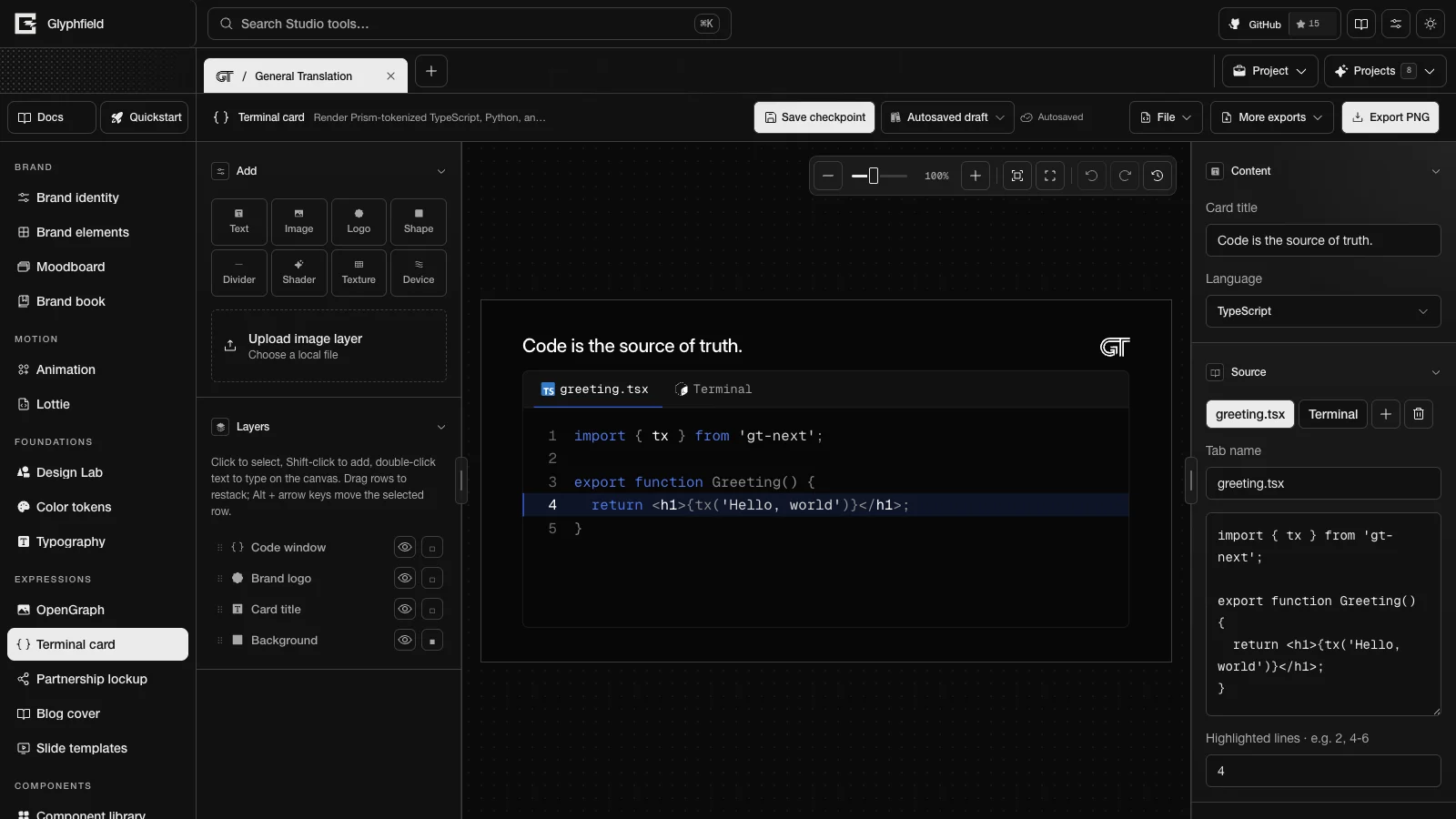 General Translation terminal card in the expression editor with two file tabs and a highlighted line