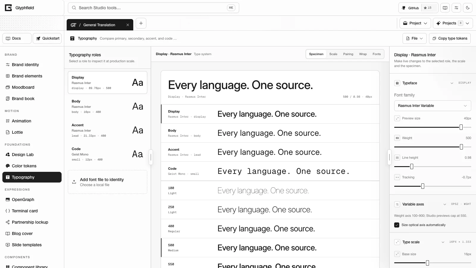 General Translation typography with the role library, the live specimen and the inspector