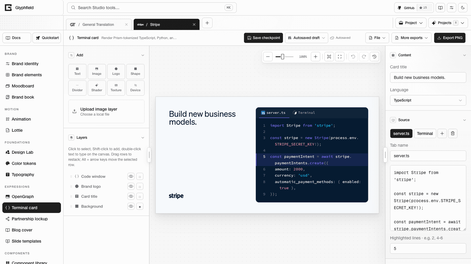 Stripe terminal card with long lines wrapped inside the code window