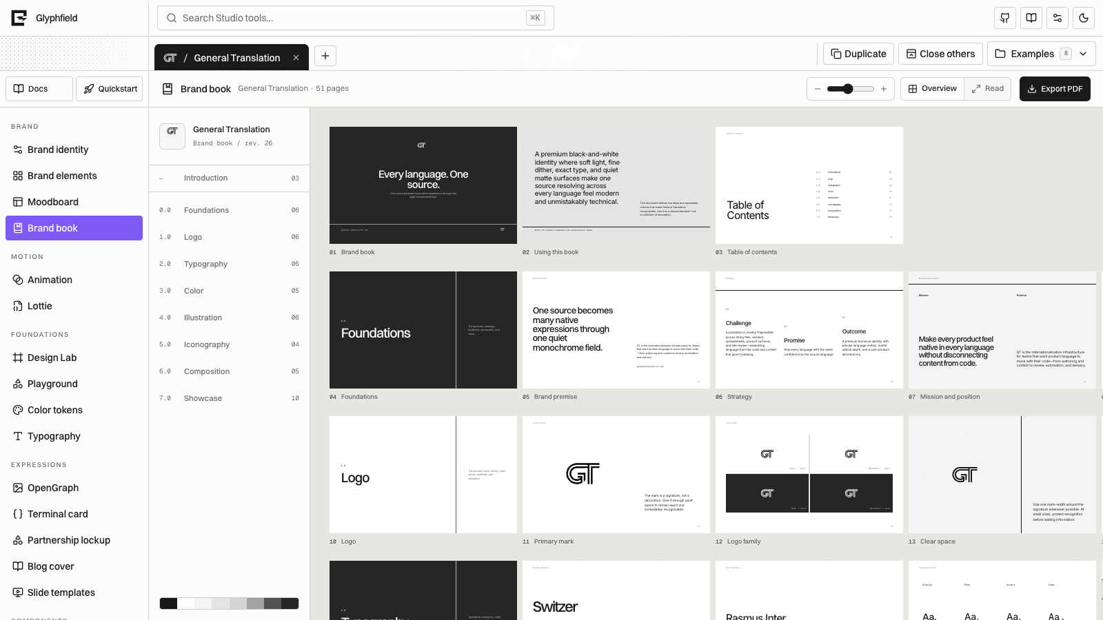 The General Translation brand book open in the complete Glyphfield Studio workspace